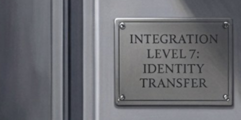 A metallic plaque mounted on a brushed steel wall reads "INTEGRATION LEVEL 7: IDENTITY TRANSFER," visually echoing the post's reference to a significant stage of merging or assimilation. The industrial, sterile setting suggests a clinical or facility-based context, reinforcing the ominous implications of identity transference.