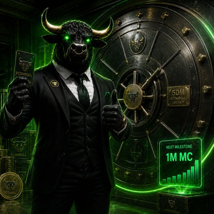 The image shows a bull-headed figure in a suit standing before a massive vault labeled "50M $COMBULL LOCKED," holding a $COMBULL card and giving a thumbs-up, while a neongreen holographic display reads "NEXT MILESTONE 1M MC."
