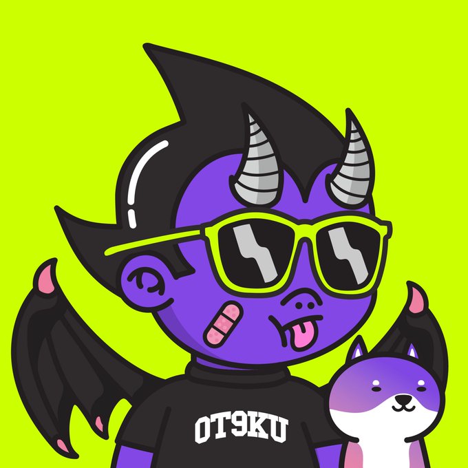 **Image 4:** A cartoon illustration features a purple-skinned devil character wearing neon green sunglasses and a shirt reading 'OTAKU', accompanied by a small purple and white cat on a green background.