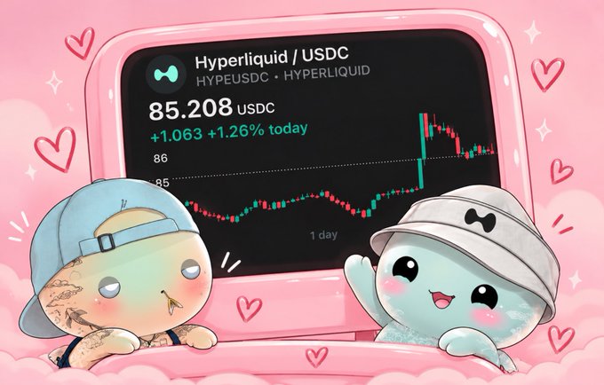 An illustration showing a stock chart for 'Hyperliquid / USDC' (HYPEUSDC) at 85.208 USDC, up 1.26%, flanked by two cartoon characters on a pink background.