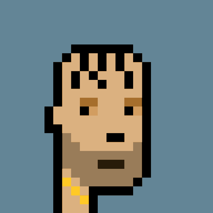 A low-resolution pixel art portrait depicts a character with short hair and a beard, rendered in a limited palette of black, tan, and brown.