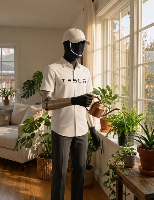 A humanoid robot wearing a white Tesla-branded polo shirt and cap stands indoors watering plants with a copper watering can.