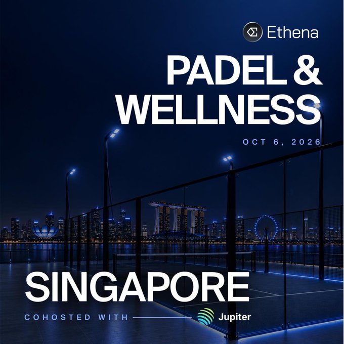 Promotional graphic for an Ethena "Padel & Wellness" event on Oct 6, 2026 in Singapore, cohosted with Jupiter, set against a nighttime city skyline featuring the Marina Bay Sands and Singapore Flyer visible through a glass-walled padel court. The image visually represents the small padel tournament and wellness gathering being hosted during Token 2049.