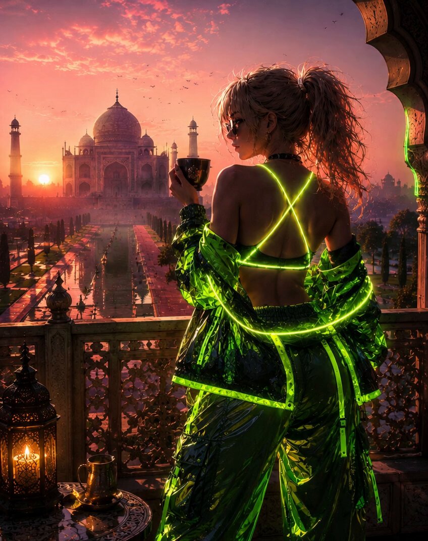 The image features a woman standing on a balcony, holding a cup of coffee while looking out towards a city skyline with a mosque visible in the background. The sky above them has a beautiful sunset, creating a serene atmosphere for her to enjoy her drink. The photo is captioned "GM CT Happy Sunday Am I the only one who thinks nights are broken? You close your eyes, blink once and boom it' s already morning again?" which seems to be related to the post about Bitcoin and Solana.