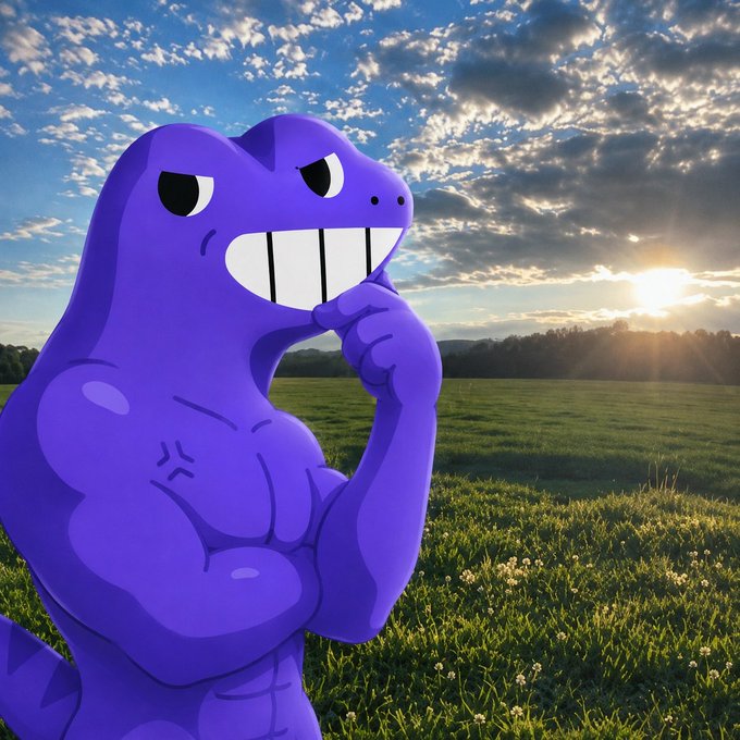 A cartoon purple dinosaur stands thoughtfully in a grassy field at sunset, posed in a contemplative stance with hand on chin, suggesting a guessing or pondering mood that matches the post's riddle about a trending token.