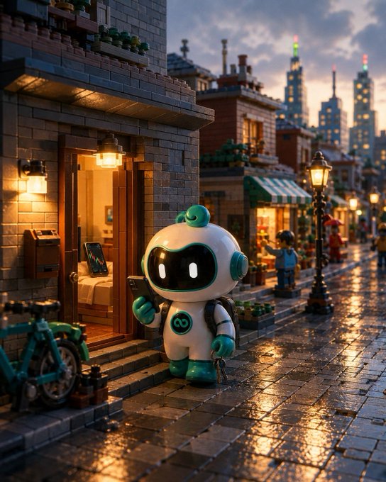 A small teal-and-white robot character stands on a wet cobblestone city street at dusk, holding a tablet displaying a financial chart outside a warmly lit shop, embodying the post's message about how small, consistent market-learning moments gradually build into a daily routine.