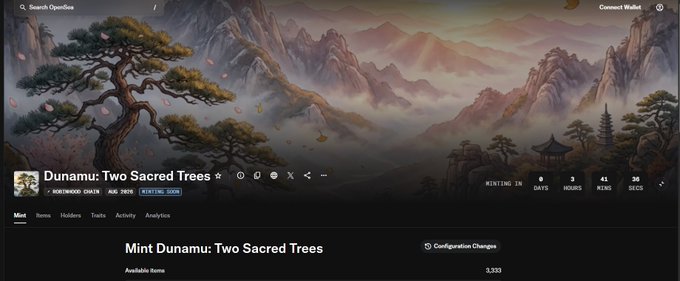 NFT minting page for 'Dunamu: Two Sacred Trees' on Robinhood Chain with a new minting status, showing an East Asian landscape painting with mountains, pine trees, and pagodas.
