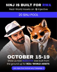 Promotional graphic for the $INJ token featuring a man in a white hat alongside a fox wearing sunglasses, with text announcing a "$NJ POOL" giveaway running October 15-19, highlighting Injective's real-world asset capabilities. The visual supports the post's nostalgic exploration of Injective's evolution into an RWA-focused blockchain through a celebratory milestone campaign.