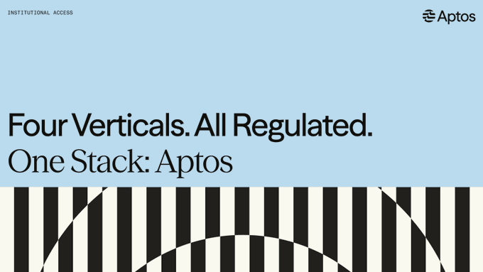 The image features a poster with a blue background that says "Four Verticals. All Regulated. One Stack: Apots". The poster also includes text about an exchange called "ArchaxEx" and a list of regulated financial products, such as "100+ RWAs coming onchain: @tZERO" and "@FTC-regulated futures, first U.S. $APT contracts: @archaxex".