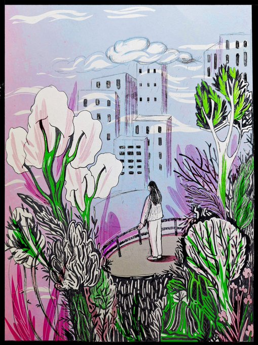 Colorful illustration of a person standing on a bridge surrounded by large white and green flowers with buildings and clouds in the background.