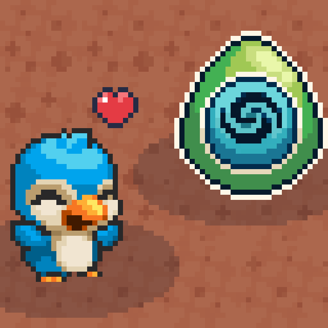 A pixel art image showing a blue penguin-like character holding what appears to be food, with a red heart above it and a large green swirly item to the right, set against a brown tiled floor.