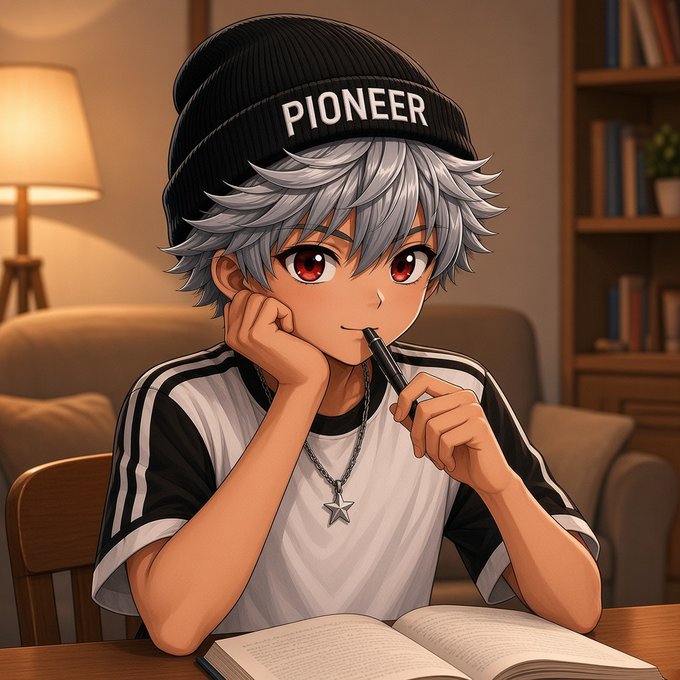 An anime-style illustration of a silver-haired boy wearing a black beanie labeled 'PIONEER' and a black and white shirt, holding a pen to his lips while reading a book at a desk.