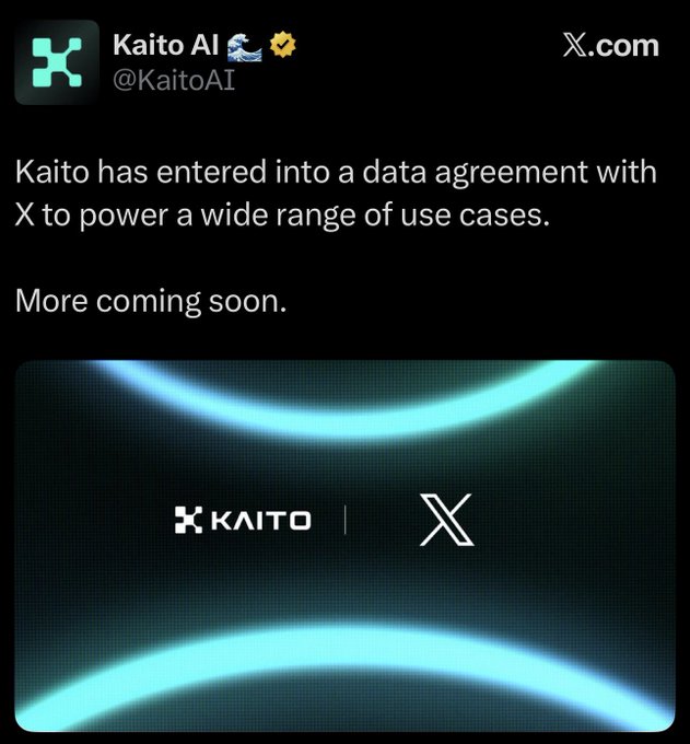 A screenshot of a tweet from Kaito AI (@KaitoAI) announcing a data agreement with X (formerly Twitter) to power various use cases, accompanied by a graphic showing the Kaito and X logos.