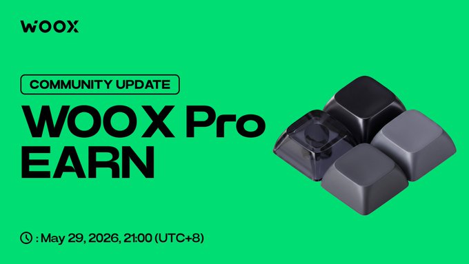 The image shows a poster for a Woox update that includes four different keys with varying shades of gray. The poster also contains text about the WOO X Pro Earn program, which appears to be related to the Woox update.