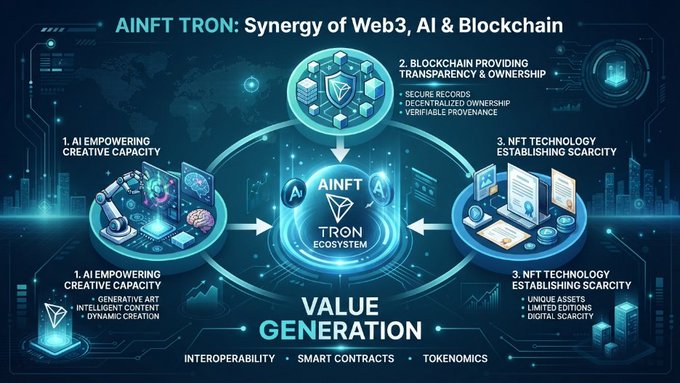 A diagram titled 'AINFT TRON: Synergy of Web3, AI & Blockchain' illustrating the value generation cycle through AI empowering creative capacity, blockchain providing transparency, and NFT technology establishing scarcity within the TRON ecosystem.