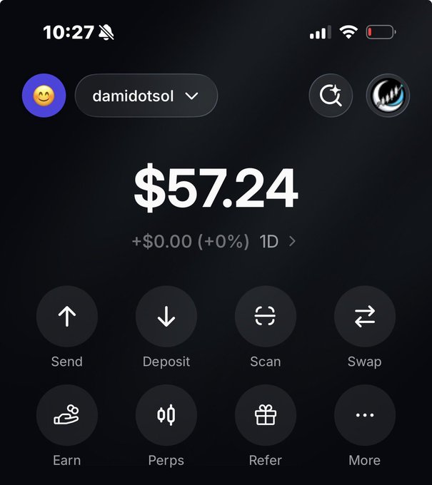 A mobile screenshot of a Phantom crypto wallet displaying a balance of $57.24 for user "damidotsol," visually supporting the post's offer to send $50 in $SOL to anyone who shares their wallet address.