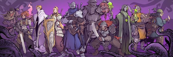 An illustration of a diverse group of fantasy characters, including knights, a king, and a jester, set against a purple background with octopus tentacles.