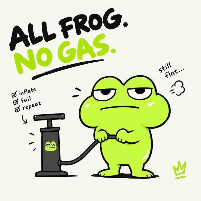 A cartoon illustration of a grumpy green frog pumping a tire with the caption "ALL FROG. NO GAS." and checkboxes reading "inflate, fail, repeat."