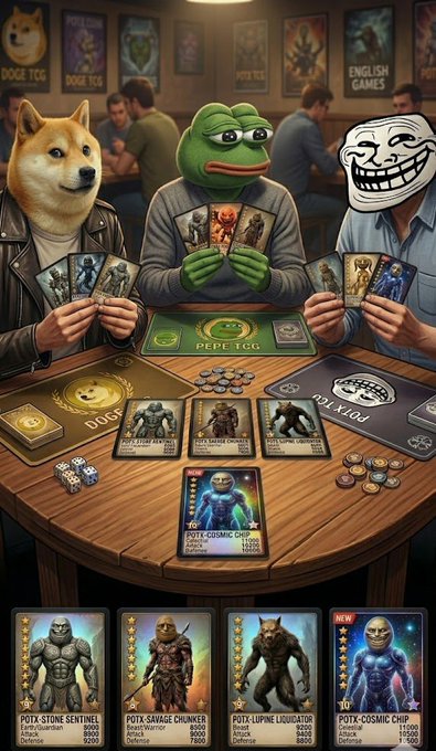 The image features a group of people sitting around a table, playing a card game with various cards displayed on the table. The players are holding their cards as they engage in the game. There are five main characters depicted in the scene, including a person wearing a mask and another person dressed like a frog. Additionally, there is a person wearing a hat among the group of people participating in the game.