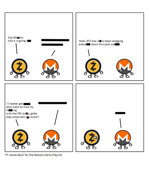 A four-panel comic features cryptocurrency coin mascots Zcash (ZEC) and Monero (XMR) conversing, where ZEC checks in on XMR about BTC dragging the market down, then suggests staying compliant to avoid missing "my meeting with the FBI today," prompting XMR to stare skeptically. The comic, captioned "monerobull for the Monero Party Playlist," humorously illustrates privacy coins with Zcash implying cooperation with authorities while Monero remains committed to untraceability—directly tying to the post about hackers using Monero (XMR) over Zcash (ZEC) to hide their tracks.