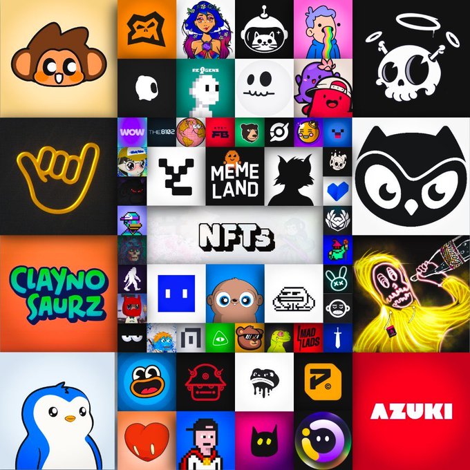A collage featuring various NFT logos and mascots including Azuki, Claynosaurz, Memeland, ReGen, and other digital collectible brands.