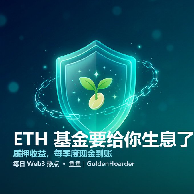 A promotional graphic in Chinese featuring a glowing teal shield with a green sprout and a golden coin, with text including "ETH 基金要给你生息了" and "GoldenHoarder".