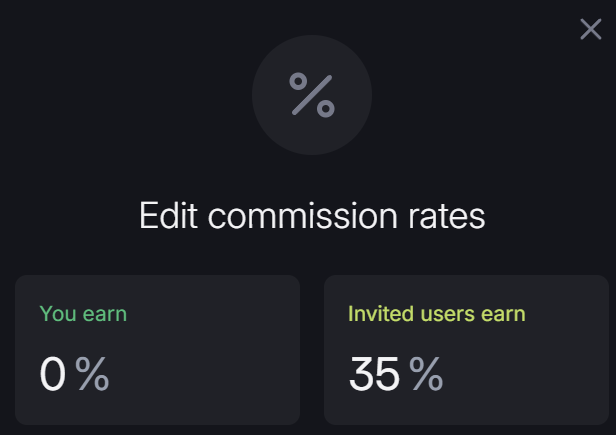 A dark-themed modal titled "Edit commission rates" displays a percentage icon with two fields: "You earn" set to 0% and "Invited users earn" at 35%, illustrating a referral rebate setup where users save on trading fees on Backpack exchange through a shared referral link.