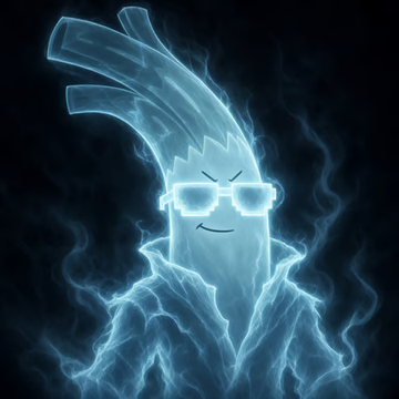 A stylized digital illustration of an anthropomorphic leek or vegetable character wearing sunglasses and a jacket, surrounded by glowing blue ethereal energy against a black background.