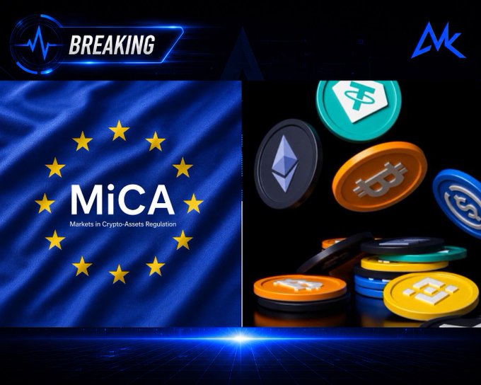 A 'BREAKING' news-style graphic showing the EU flag with 'MiCA Markets in Crypto-Assets Regulation' text alongside images of various cryptocurrency coins including Ethereum and Bitcoin.