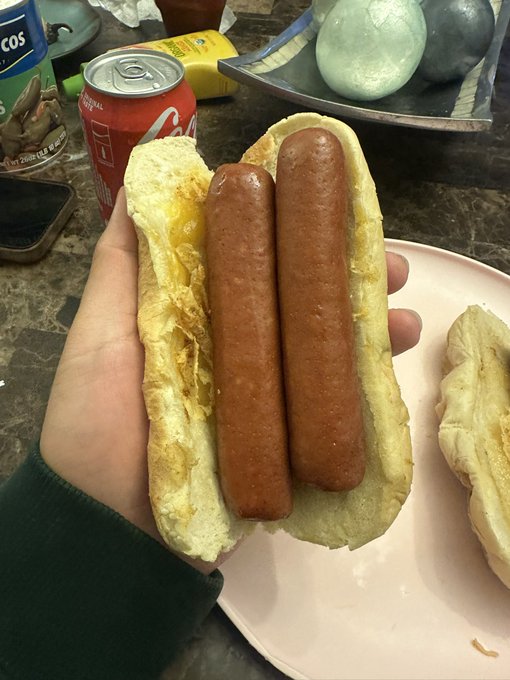 A hand holds a hot dog bun containing two oversized frankfurters, sitting above a pink plate with another sandwich, a Coca-Cola can, and a Tostitos container on the counter—perfectly matching the "Double shaboingboing for lunch" caption.
