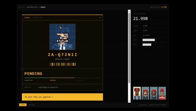 A digital screen displays a pixel-art 'ZA-Q7ZN1I' waitlist entry for raffle@nsync.sgcraft.io with 21,998 applications and various character avatar options.