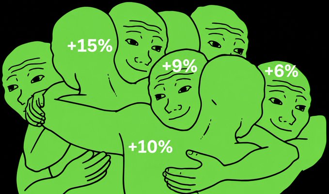 A group of hugging green "Wojak" figures display various percentage gains (+15%, +9%, +6%, +10%) on their bodies, symbolizing the surprising bullish market performance highlighted in the post about September's crypto rally despite the Clarity Act failing and a Fed rate increase.