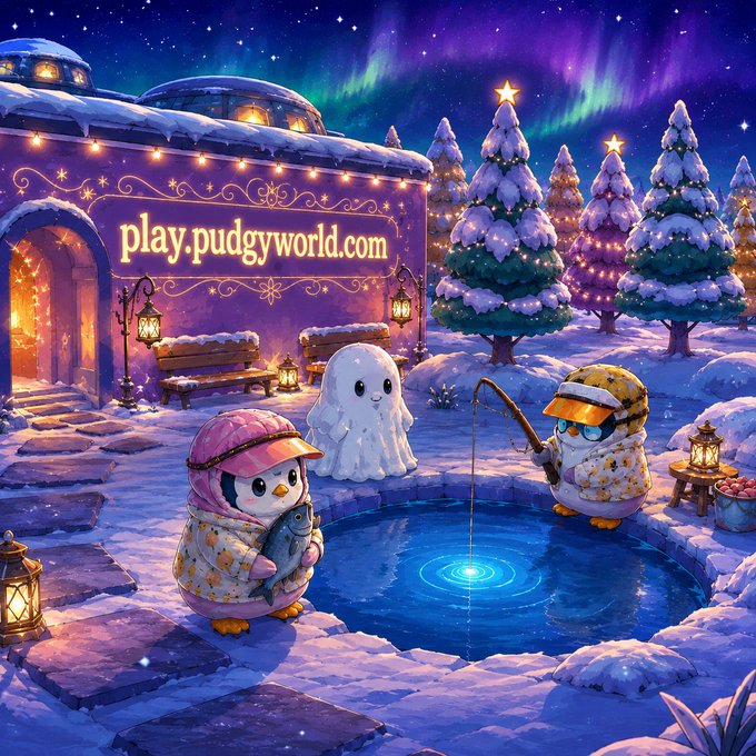 A whimsical digital illustration features penguins, a ghost, and an owl ice fishing under the aurora borealis, with the text 'play.pudgyworld.com' on a sign.