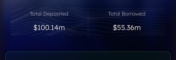A dark blue digital interface with wavy line patterns displays financial statistics. It shows 'Total Deposited' at '$100.14m' on the left and 'Total Borrowed' at '$55.36m' on the right.
