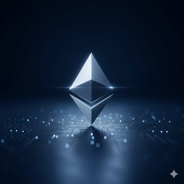 A glowing Ethereum (ETH) logo on a dark blue background with a digital circuit-like pattern and bokeh light effects.