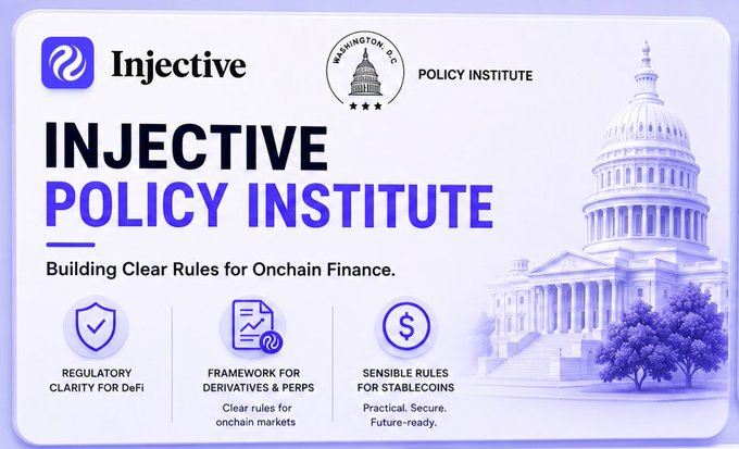 Promotional banner for the Injective Policy Institute, featuring the U.S. Capitol building and text 'Building Clear Rules for Onchain Finance.'