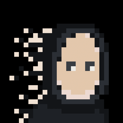 A pixel art portrait of a figure wearing a dark hood against a black background, with pixelated beige squares disintegrating off the left side of the face.
