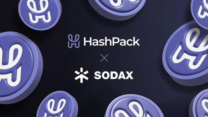 A promotional graphic displaying a partnership between HashPack and SODAX logos against a dark background with purple coin graphics.