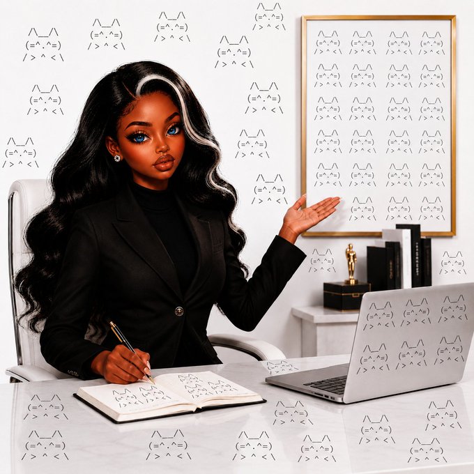 A digital illustration of a woman in a black blazer sitting at a desk with a laptop and notebook, surrounded by numerous cat emoticon designs (='. .=) and the framed text '(=^.^=)' on the wall.