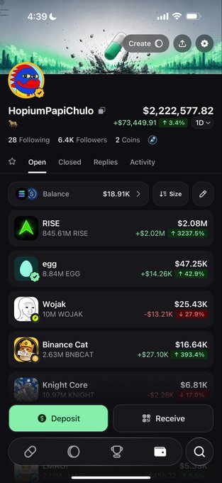 The image shows a meme coin portfolio on a trading app featuring the username "HopiumPapiChulo" with a total balance of $2,222,577.82, having gained $73,449.91 (3.4%). The visible holdings include RISE ($2.08M), EGG ($47.25K), Wojak ($25.43M), Binance Cat ($16.64K), and Knight Core ($6.81K), which illustrates the user's impressive meme coin gains referenced in their caption about climbing the leaderboard.