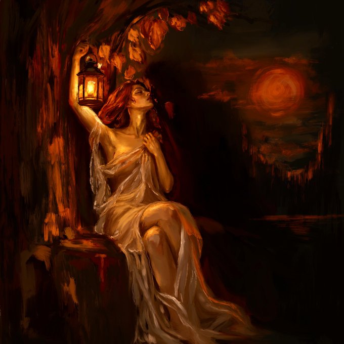 An oil painting depicting a red-haired woman in a flowing white dress holding up a glowing lantern at night, with a large red sun or moon visible in the dark sky to the right.