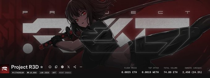 A stylized anime character with red eyes appears against a dark red background featuring the text "PROJECT" and the number "247." Below, the Project R3D listing shows a floor price of 0.0025 ETH, top offer of 0.0019 WETH, total volume of 74.89 ETH, and 2,450 unique owners, highlighting the NFT collection's trading performance referenced in the post.