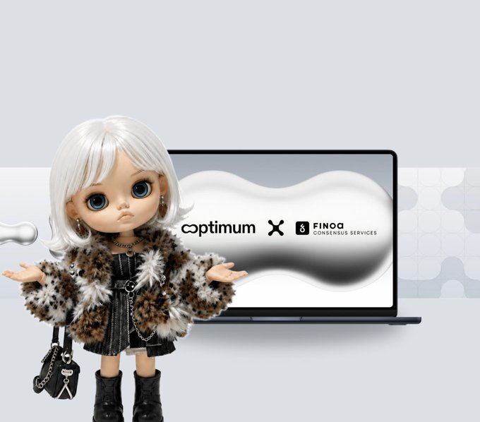 A 3D-rendered doll character with white hair and a leopard-print jacket stands next to a laptop displaying logos for 'optimum', 'X', and 'FINOA CONSENSUS SERVICES'.