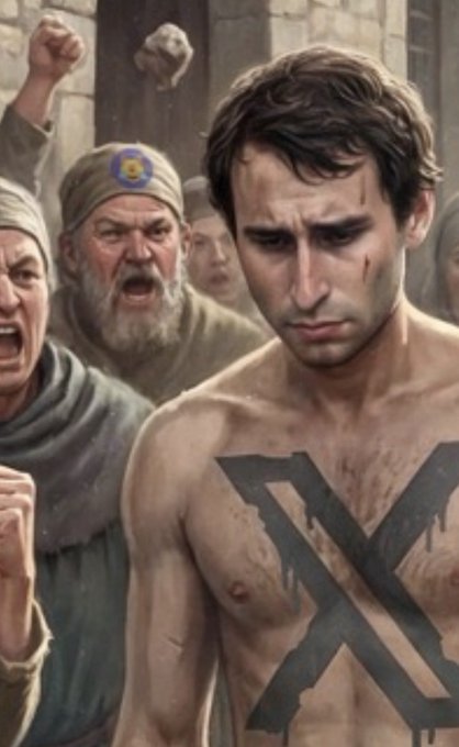 A digital illustration depicting a shirtless young man with a black 'X' branded on his chest, standing before an angry crowd with raised fists.