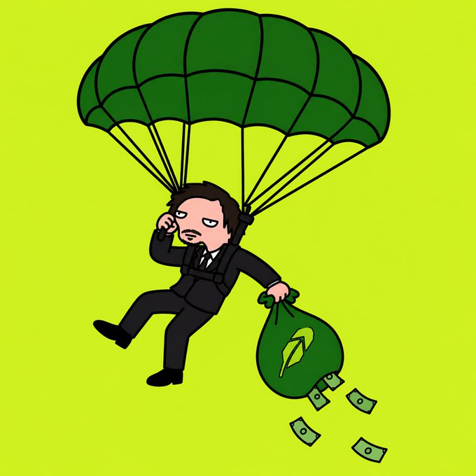 A cartoon man in a suit descends via green parachute while holding a money bag marked with a leaf logo, as dollar bills spill out, symbolizing an airdrop of free tokens. The image visually represents the post's announcement of token airdrops being distributed to bullish posters.