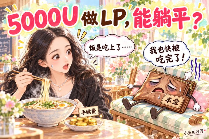 A colorful illustrated graphic with Chinese text asking "5000U做LP，能躺平？" (Can you lie flat with 5000U doing LP?), depicting a woman eating noodles while a worn-out wallet character labeled "本金" (Principal) sweats on a couch.