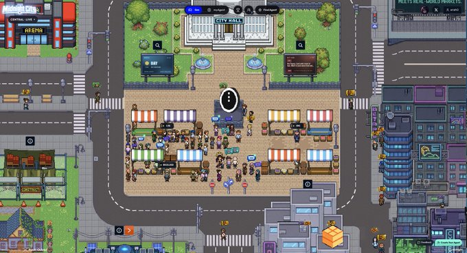 A city-building simulation game screen showing 'CITY HALL', an 'ARENA', streets, and various pixelated residents in a downtown area.