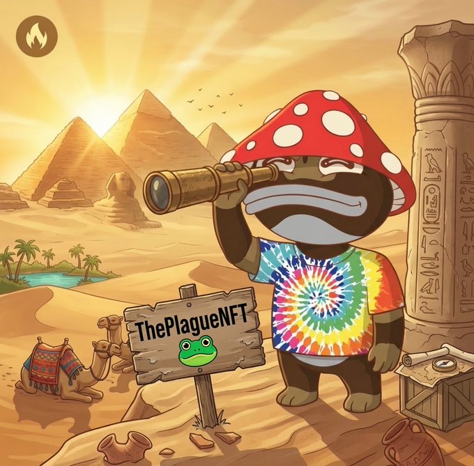 A cartoon NFT character—a frog wearing a red and white spotted mushroom hat and a tie-dye shirt—looking through a telescope in an Egyptian desert with pyramids, alongside a sign reading 'ThePlagueNFT'.