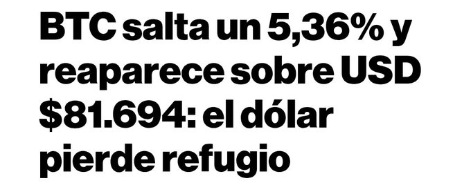 A Spanish news headline reading 'BTC salta un 5,36% y reaparece sobre USD $81.694: el dólar pierde refugio'.