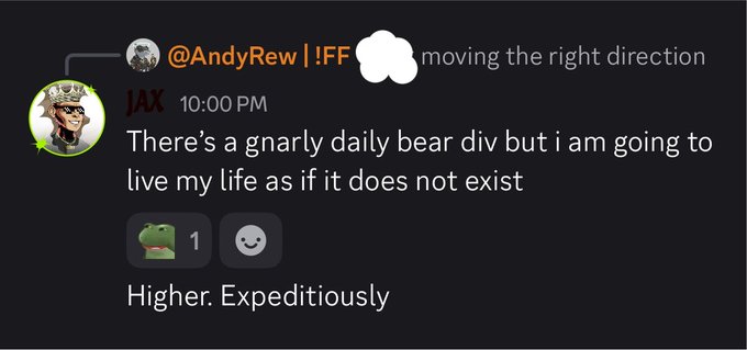 A Discord message from user JAX reads, "There's a gnarly daily bear div but I am going to live my life as if it does not exist," followed by a frog emoji reaction and "Higher. Expeditiously." The message humorously dismisses bearish technical analysis, aligning with the poster's confident, dismissive tone toward market pessimism.